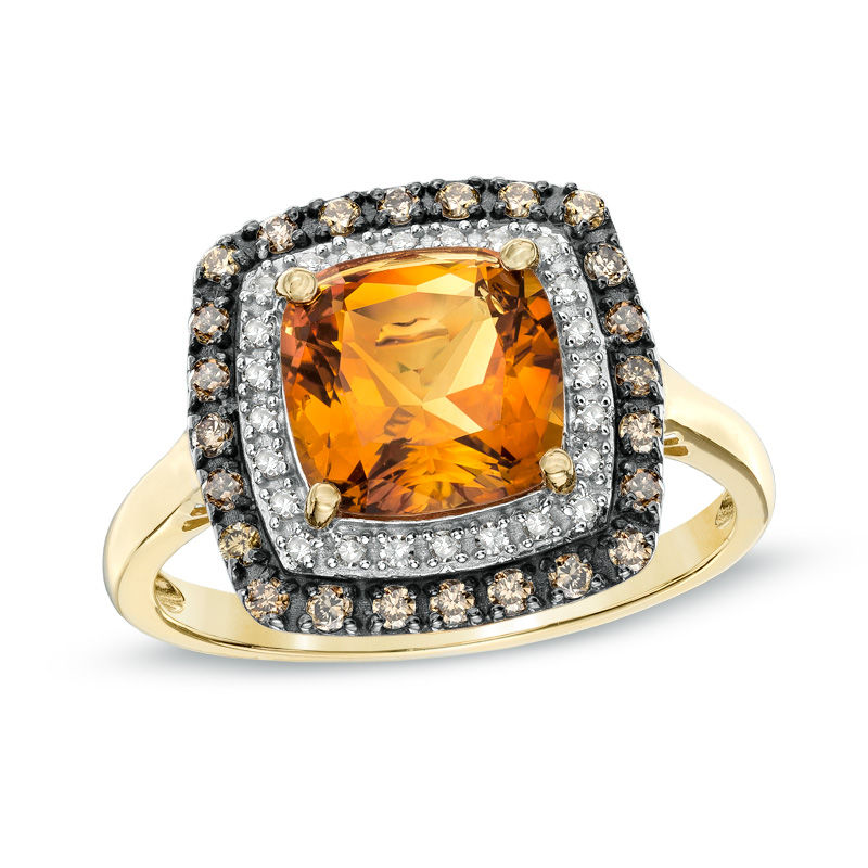 Main Image 1 of 8.0mm Cushion-Cut Madeira Citrine and 1/4 CT. T.W. Enhanced Champagne and White Diamond Ring in 10K Gold
