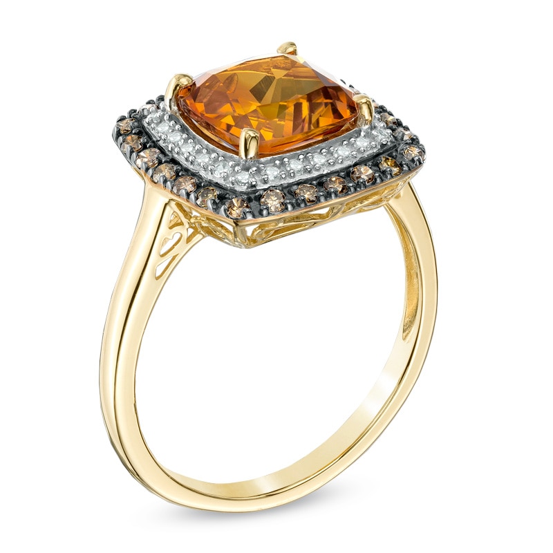 Main Image 2 of 8.0mm Cushion-Cut Madeira Citrine and 1/4 CT. T.W. Enhanced Champagne and White Diamond Ring in 10K Gold