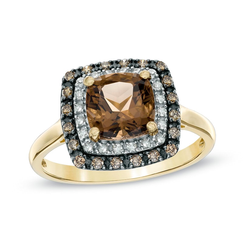 7.0mm Cushion-Cut Smoky Quartz and 1/5 CT. T.W. Enhanced Champagne and ...