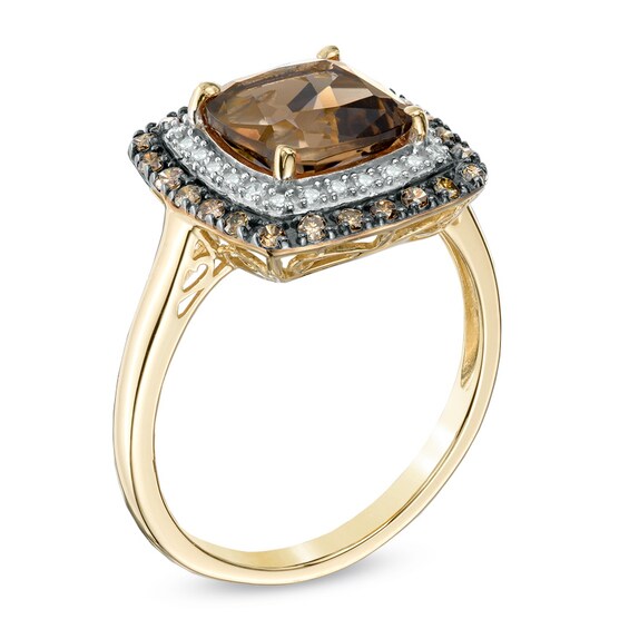 7.0mm Cushion-Cut Smoky Quartz and 1/5 CT. T.w. Enhanced Champagne and White Diamond Ring in 10K Gold