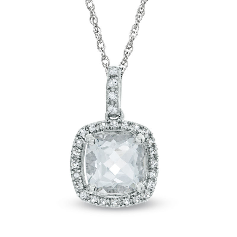 Main Image 1 of 8.0mm Cushion-Cut Aquamarine and Lab-Created White Sapphire Frame Pendant in Sterling Silver
