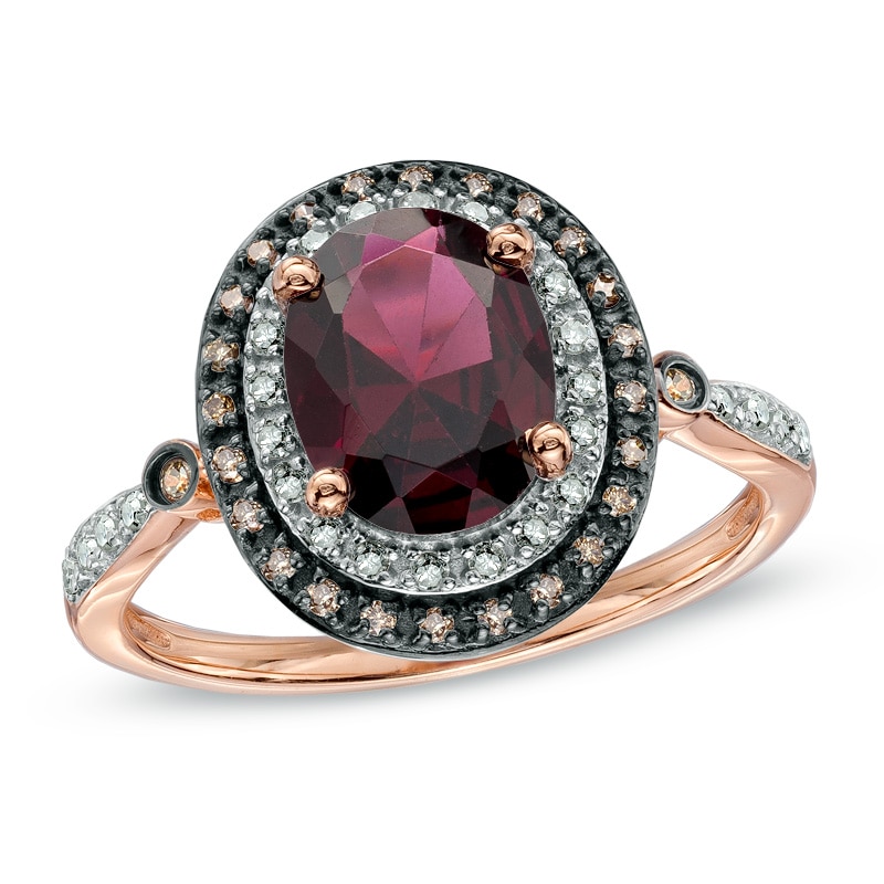 Main Image 1 of Oval Garnet and 1/5 CT. T.W. Enhanced Champagne and White Diamond Ring in 10K Rose Gold
