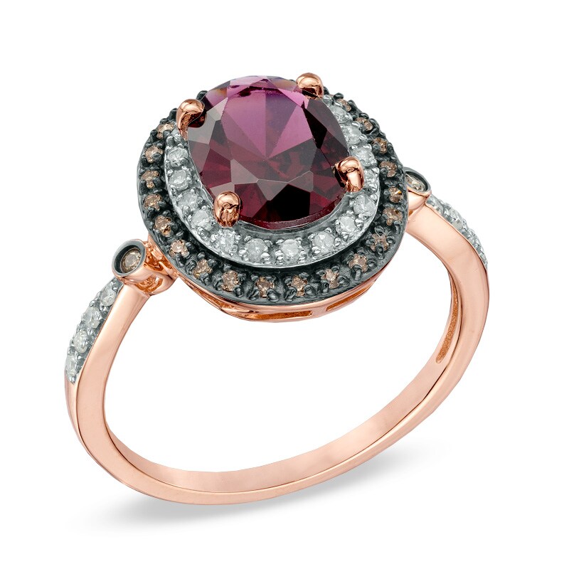 Main Image 2 of Oval Garnet and 1/5 CT. T.W. Enhanced Champagne and White Diamond Ring in 10K Rose Gold