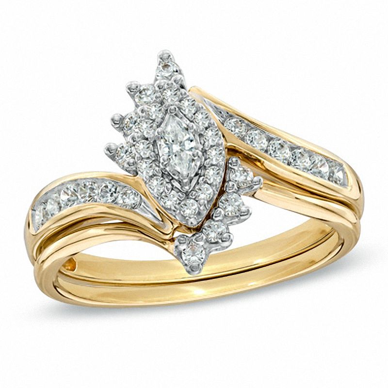 Main Image 1 of 1/2 CT. T.W. Marquise-Shape Diamond Bypass Bridal Set in 14K Gold