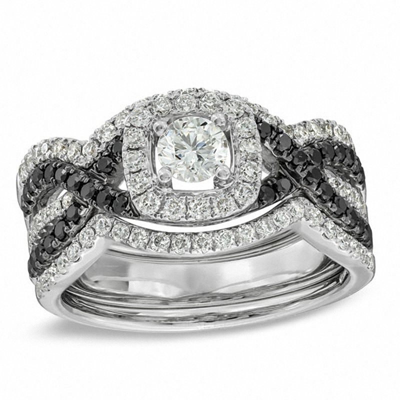 Main Image 1 of 1-1/6 CT. T.W. Enhanced Black and White Diamond Bridal Set in 14K White Gold