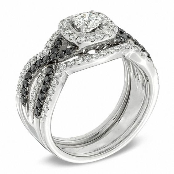 1-1/6 CT. T.w. Enhanced Black and White Diamond Bridal Set in 14K White Gold