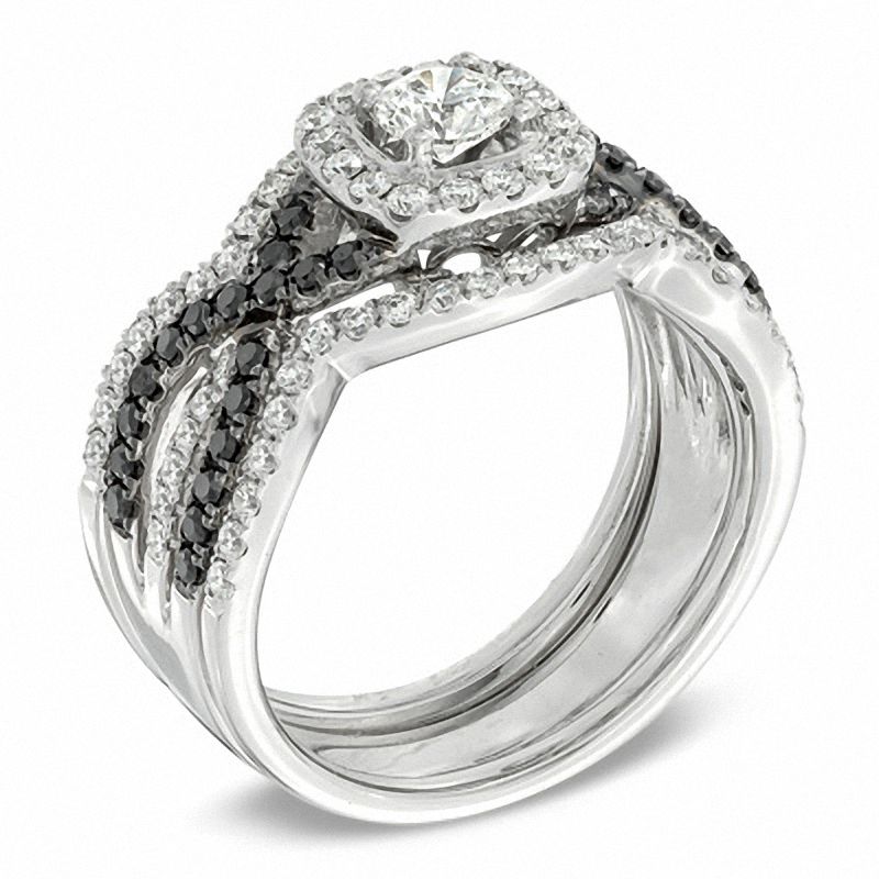 Main Image 2 of 1-1/6 CT. T.W. Enhanced Black and White Diamond Bridal Set in 14K White Gold