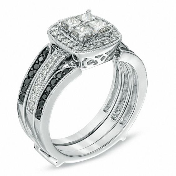 1 CT. T.w. Princess-Cut Quad Diamond Frame Bridal Set in 14K White Gold