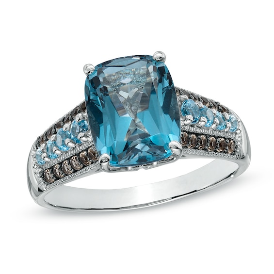 Cushion-Cut London and Swiss Blue Topaz with Smoky Quartz Ring in 10K White Gold