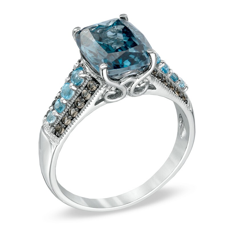 Main Image 2 of Cushion-Cut London and Swiss Blue Topaz with Smoky Quartz Ring in 10K White Gold