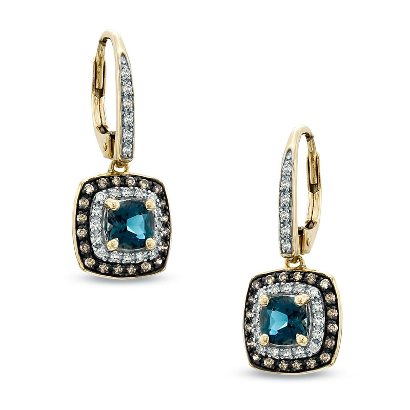 Main Image 1 of 5.0mm Cushion-Cut London Blue Topaz and 1/4 CT. T.W. Enhanced Champagne and White Diamond Earrings in 10K Gold