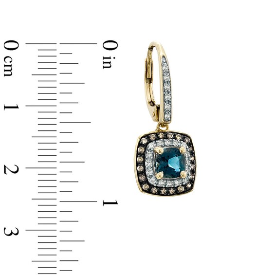 5.0mm Cushion-Cut London Blue Topaz and 1/4 CT. T.w. Enhanced Champagne and White Diamond Earrings in 10K Gold
