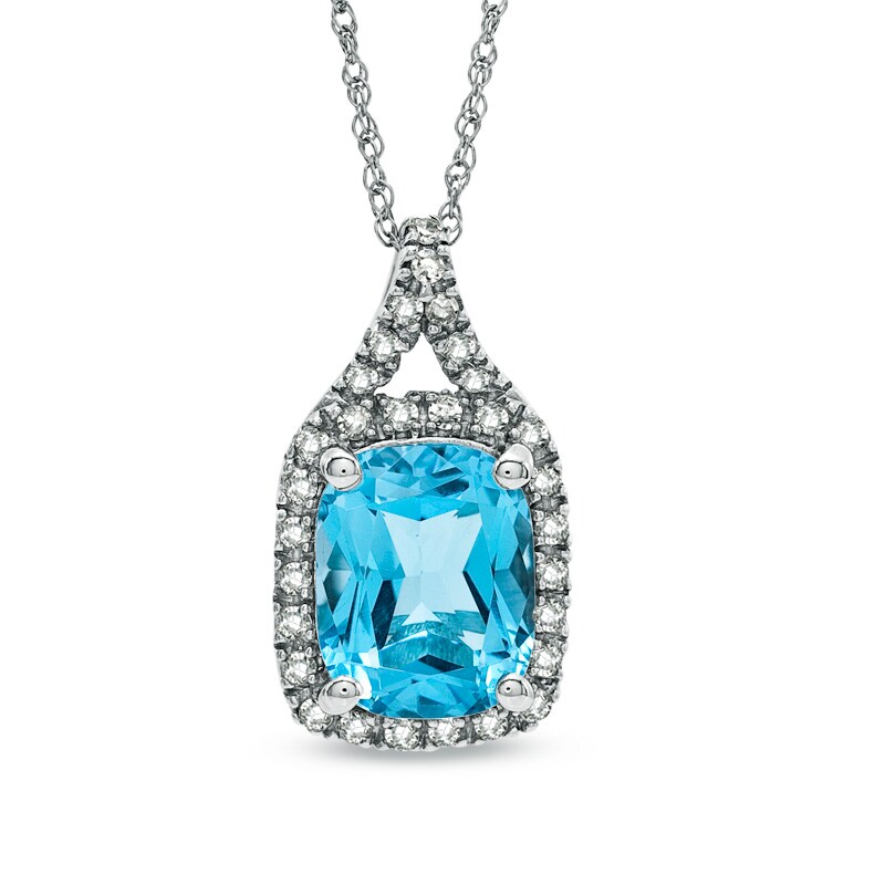 Main Image 1 of Cushion-Cut Swiss Blue Topaz and 1/8 CT. T.W. Diamond Pendant in 10K White Gold