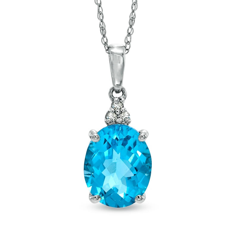 Main Image 1 of Oval Swiss Blue Topaz and Diamond Accent Pendant in 10K White Gold