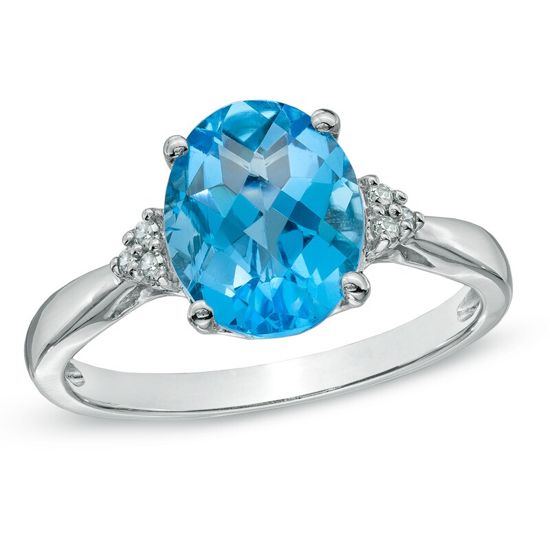 Main Image 1 of Oval Swiss Blue Topaz and Diamond Accent Ring in 10K White Gold