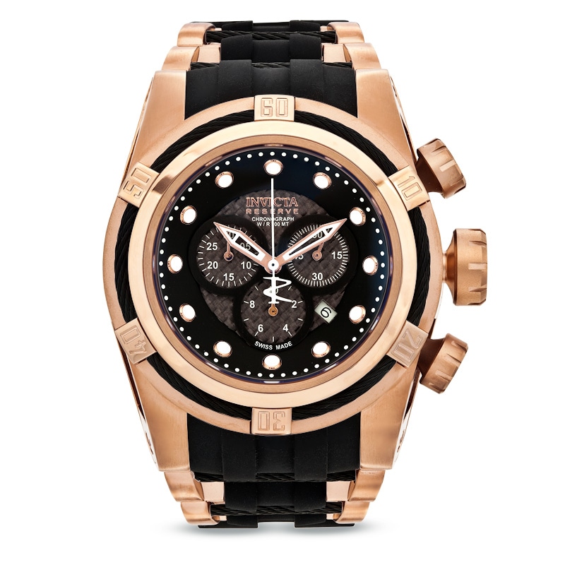 Men's Invicta Reserve Chronograph Rose-Tone Strap Watch with Black Carbon Fiber Dial (Model: 12667)