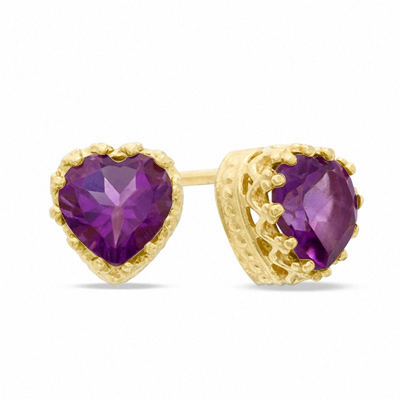 Main Image 1 of 6.0mm Heart-Shaped Amethyst Crown Earrings in Sterling Silver with 14K Gold Plate