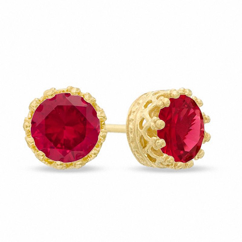 Main Image 1 of 6.0mm Lab-Created Ruby Crown Earrings in Sterling Silver with 14K Gold Plate
