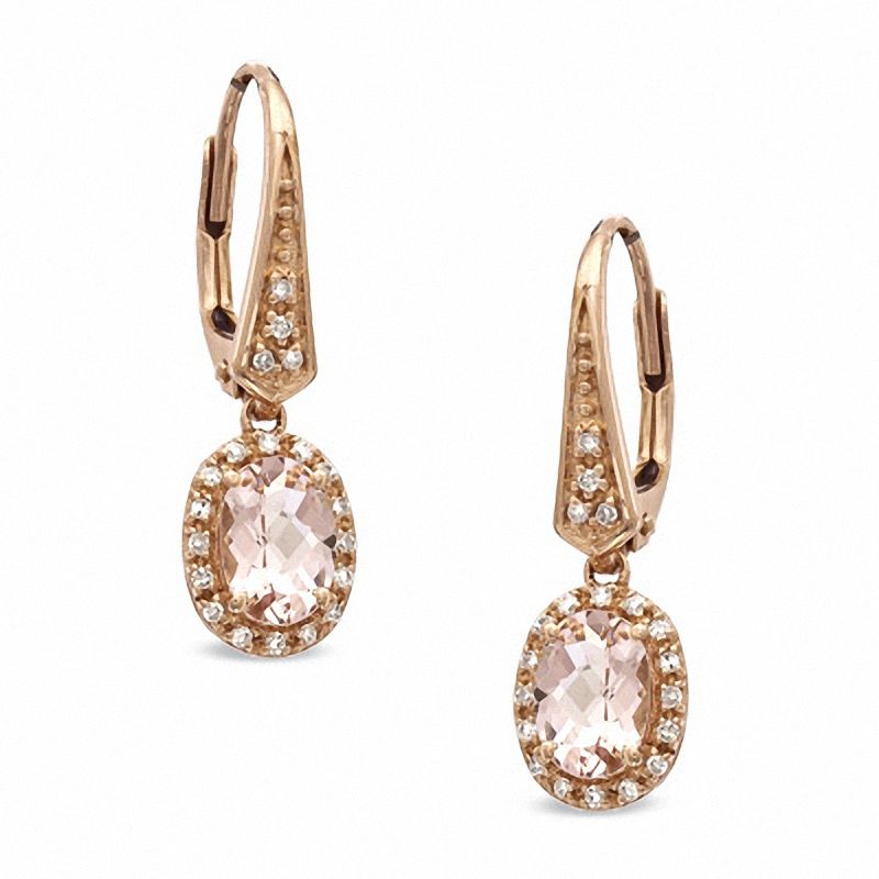 Main Image 1 of Oval Morganite and 1/8 CT. T.W. Diamond Earrings in 10K Rose Gold