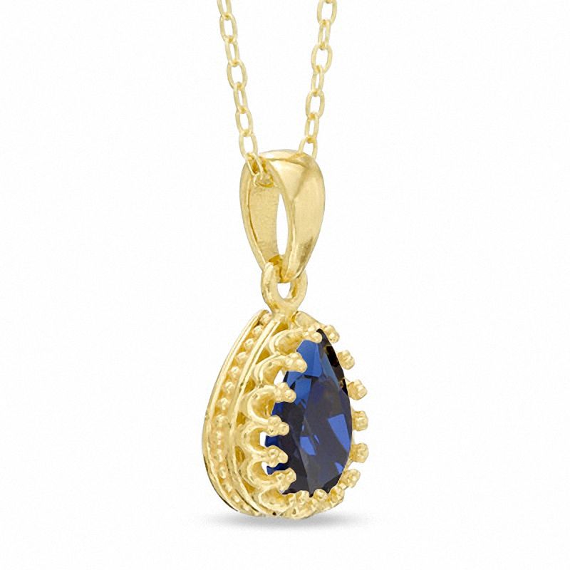 Main Image 2 of Pear-Shaped Lab-Created Blue Sapphire Crown Pendant in Sterling Silver with 14K Gold Plate