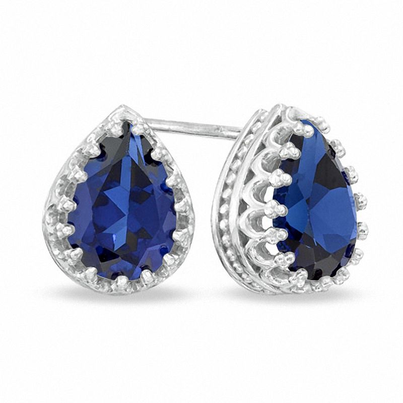 Pear-Shaped Lab-Created Blue Sapphire Crown Earrings in Sterling Silver