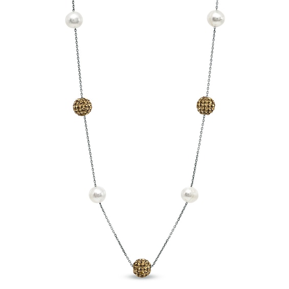 Honora 7.0-8.0mm Freshwater Cultured Pearl and Champagne Crystal Ball Necklace in Sterling Silver