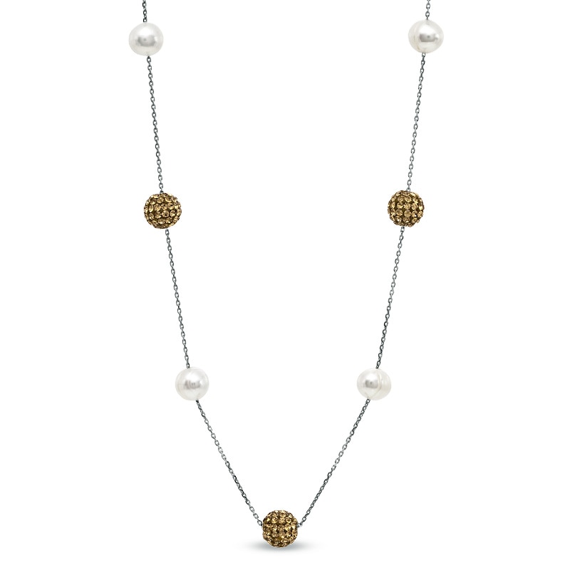 Main Image 1 of Honora 7.0-8.0mm Freshwater Cultured Pearl and Champagne Crystal Ball Necklace in Sterling Silver