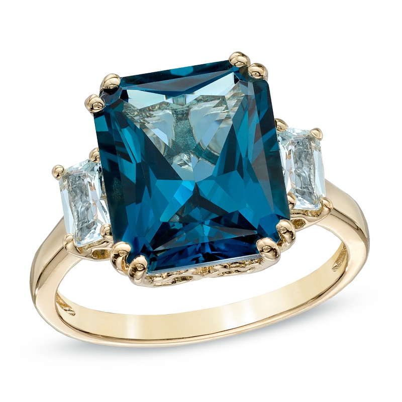 Main Image 1 of Radiant-Cut London and Sky Blue Topaz Three Stone Ring in Sterling Silver with 14K Gold Plate