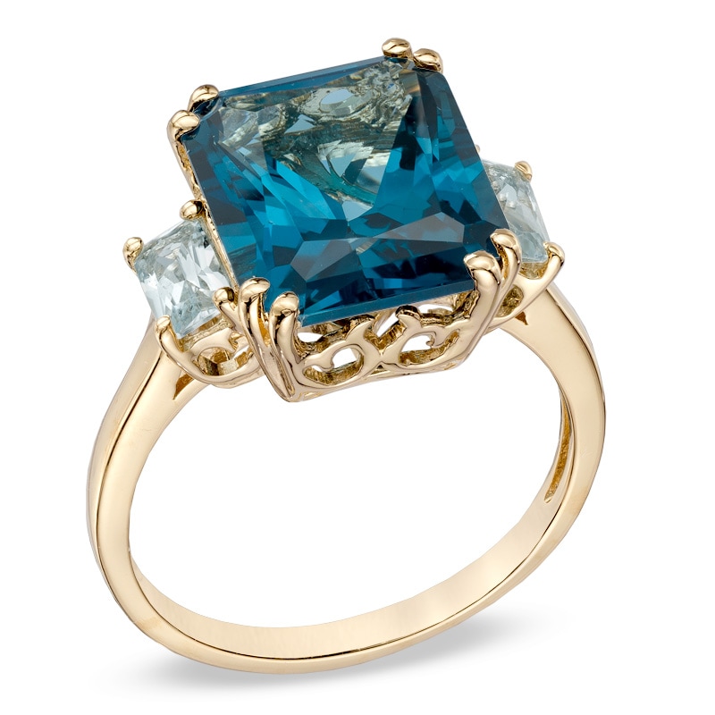 Main Image 2 of Radiant-Cut London and Sky Blue Topaz Three Stone Ring in Sterling Silver with 14K Gold Plate