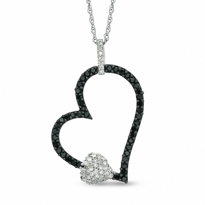 Main Image 1 of 1/3 CT. T.W. Enhanced Black and White Diamond Tilted Heart Pendant in 10K White Gold