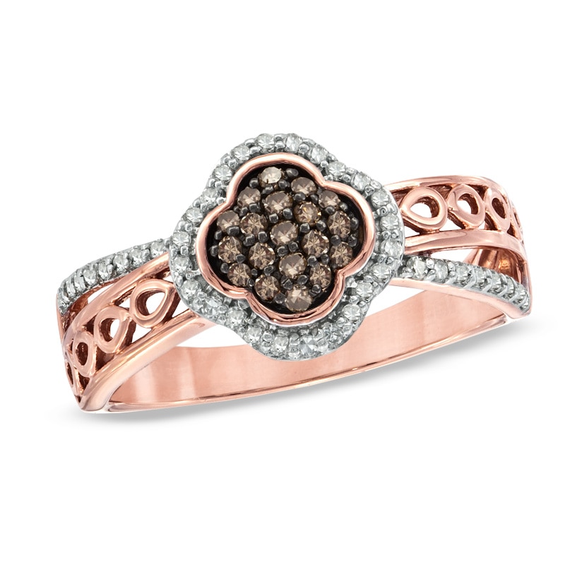 Main Image 1 of 1/3 CT. T.W. Champagne and White Diamond Clover Ring in 10K Rose Gold