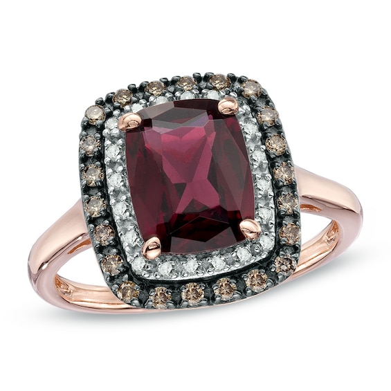 Cushion-Cut Garnet and 1/4 CT. T.w. Enhanced Champagne and White Diamond Ring in 10K Rose Gold