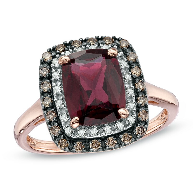 Main Image 1 of Cushion-Cut Garnet and 1/4 CT. T.W. Enhanced Champagne and White Diamond Ring in 10K Rose Gold