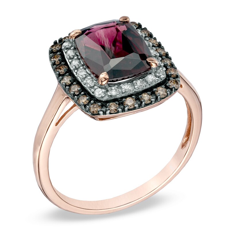 Main Image 2 of Cushion-Cut Garnet and 1/4 CT. T.W. Enhanced Champagne and White Diamond Ring in 10K Rose Gold