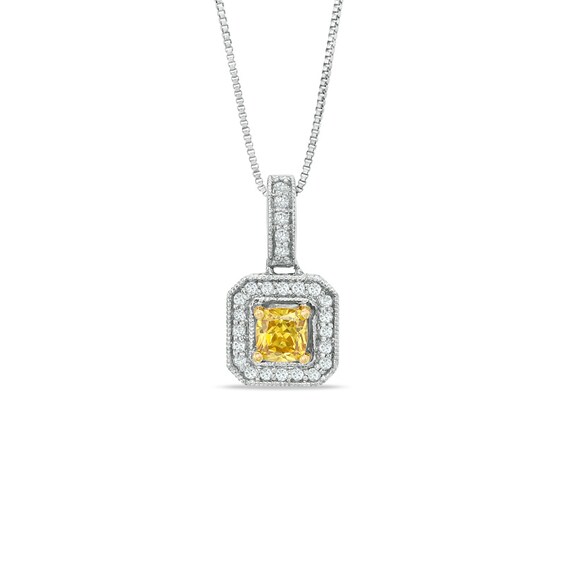 3/4 CT. T.w. Certified Cushion-Cut Natural Yellow and White Diamond Pendant in 14K White Gold (P/I1)