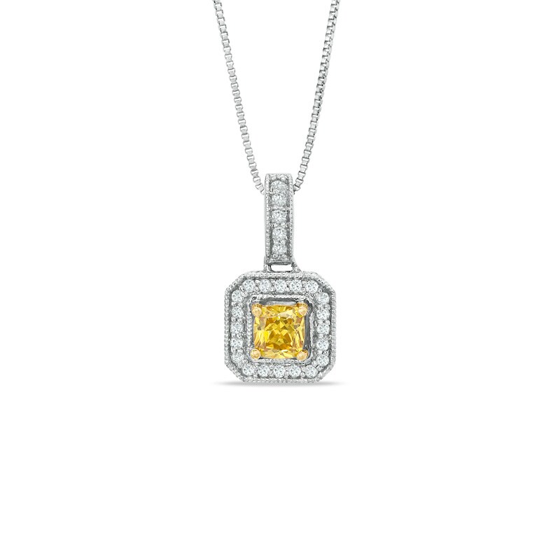 Main Image 1 of 3/4 CT. T.W. Certified Cushion-Cut Natural Yellow and White Diamond Pendant in 14K White Gold (P/I1)