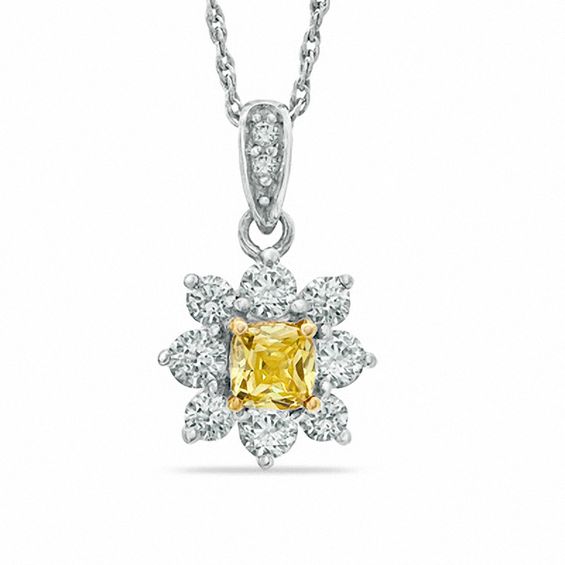 3/4 CT. T.w. Certified Cushion-Cut Natural Yellow and White Diamond Flower Pendant in 14K White Gold (P/I1)