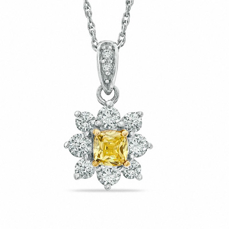 3/4 CT. T.W. Certified Cushion-Cut Natural Yellow and White Diamond Flower Pendant in 14K White Gold (P/I1)