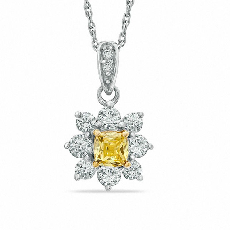 Main Image 1 of 3/4 CT. T.W. Certified Cushion-Cut Natural Yellow and White Diamond Flower Pendant in 14K White Gold (P/I1)