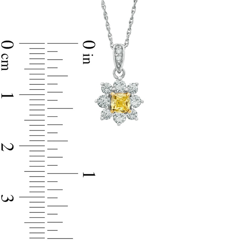Main Image 2 of 3/4 CT. T.W. Certified Cushion-Cut Natural Yellow and White Diamond Flower Pendant in 14K White Gold (P/I1)