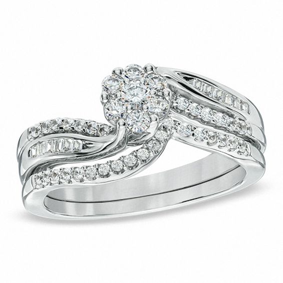 1/2 CT. T.w. Diamond Cluster Bridal Set in 10K White Gold