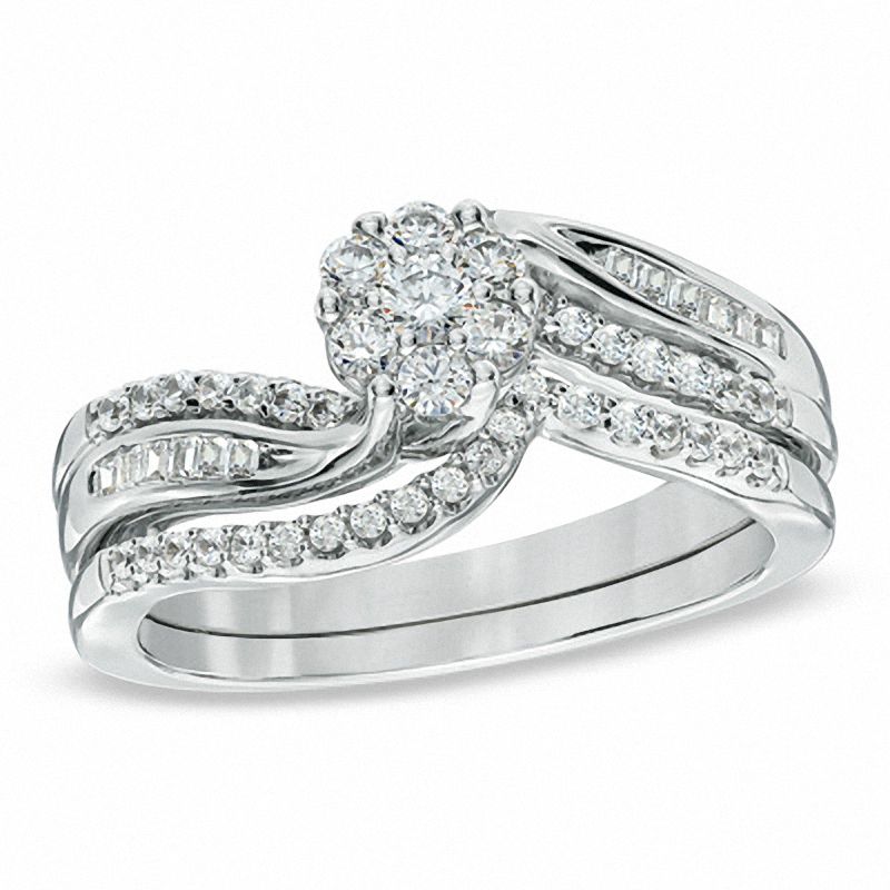 Main Image 1 of 1/2 CT. T.W. Diamond Cluster Bridal Set in 10K White Gold