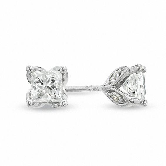 1-1/3 CT. T.w. Princess-Cut Diamond Tulip Stud Earrings in 14K White Gold