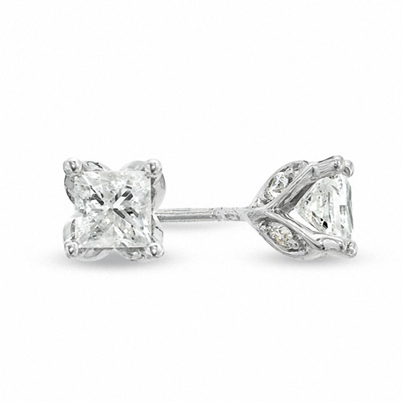 Main Image 1 of 1-1/3 CT. T.W. Princess-Cut Diamond Tulip Stud Earrings in 14K White Gold