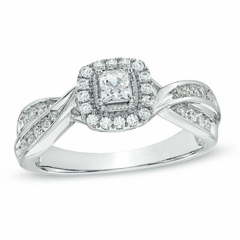 1/2 CT. T.W. Princess-Cut Diamond Frame Engagement Ring in 10K White ...