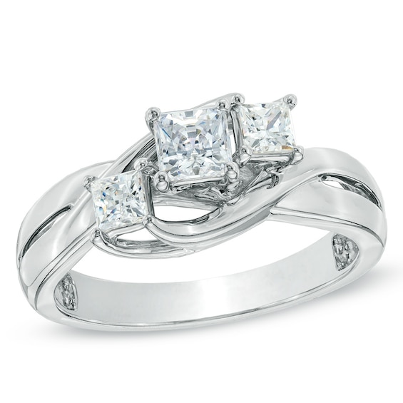 3/4 CT. T.w. Princess-Cut Diamond Three Stone Swirl Shank Engagement Ring in 14K White Gold