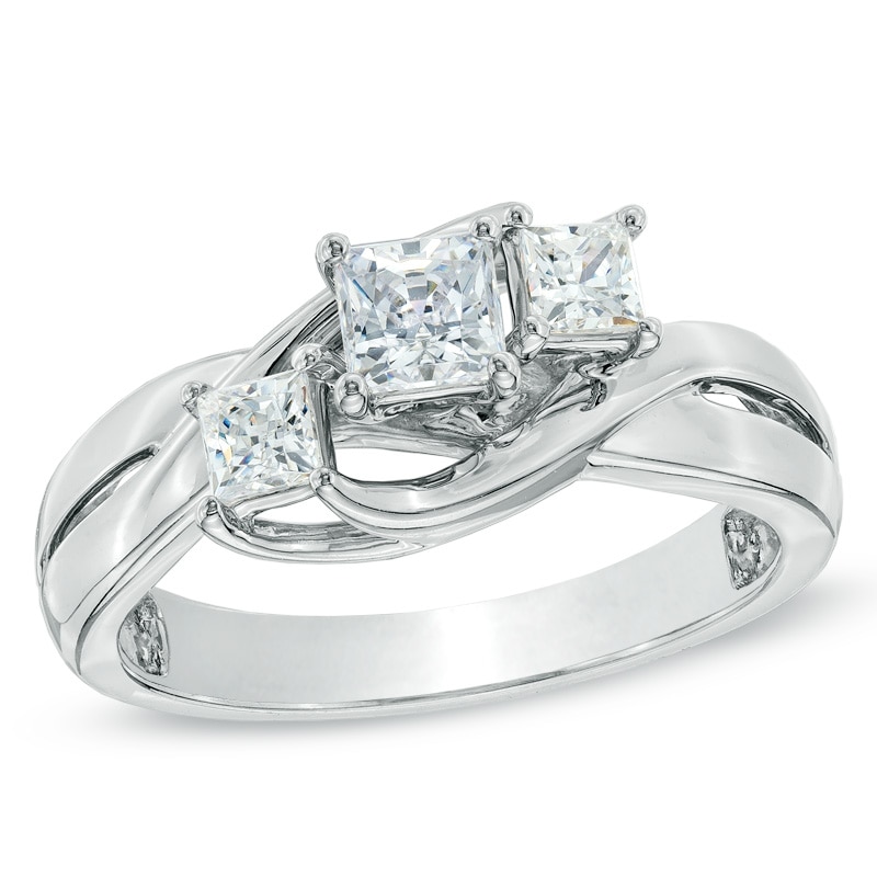 Main Image 1 of 3/4 CT. T.W. Princess-Cut Diamond Three Stone Swirl Shank Engagement Ring in 14K White Gold