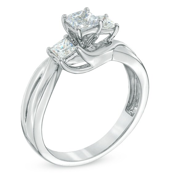 3/4 CT. T.w. Princess-Cut Diamond Three Stone Swirl Shank Engagement Ring in 14K White Gold