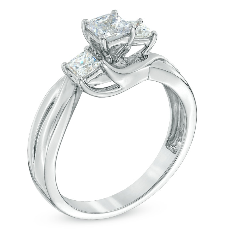 Main Image 2 of 3/4 CT. T.W. Princess-Cut Diamond Three Stone Swirl Shank Engagement Ring in 14K White Gold