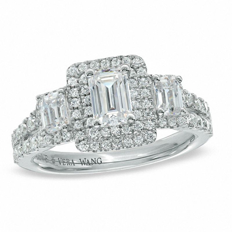 Main Image 1 of Vera Wang Love Collection 1-1/3 CT. T.W. Emerald-Cut Diamond Three Stone Engagement Ring in 14K White Gold